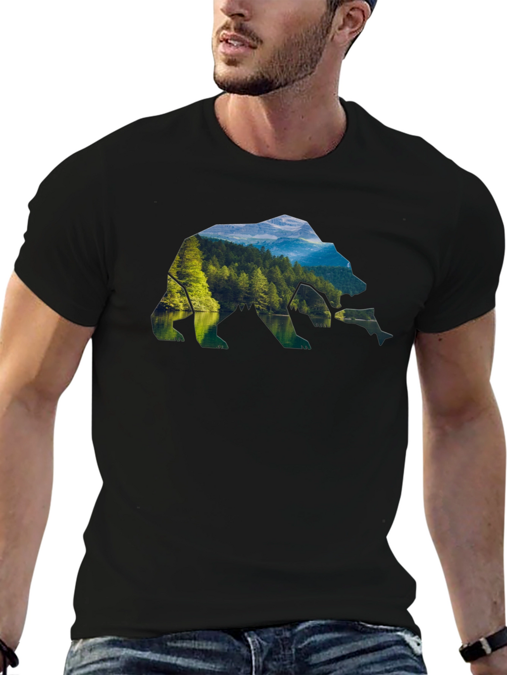 Nature Bear Graphic Tee - Black Crew Neck