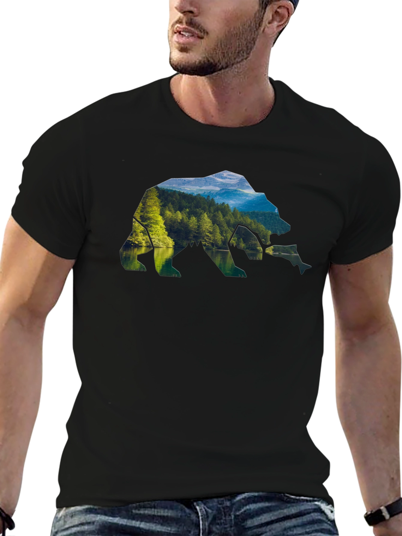 Nature Bear Graphic Tee - Black Crew Neck