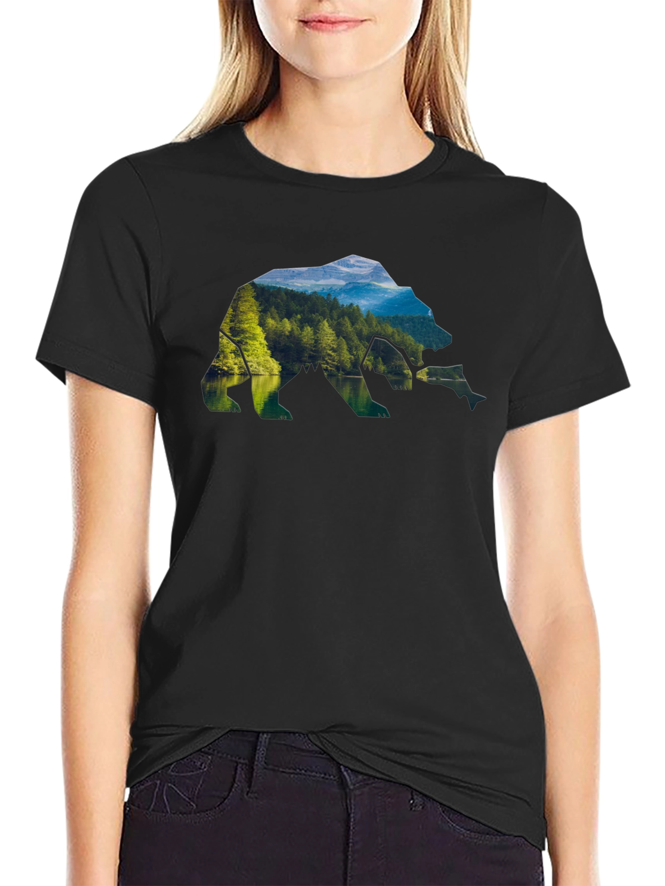 Nature Bear Graphic Tee - Black Crew Neck