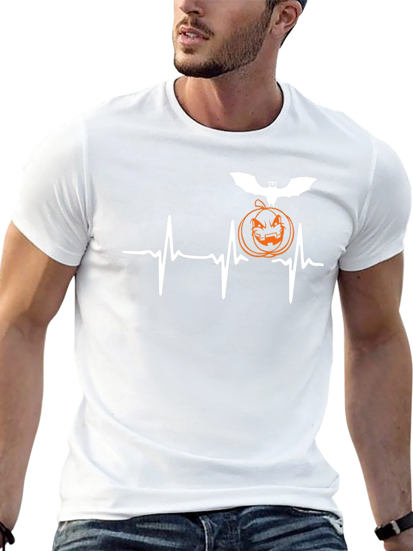 Halloween Heartbeat T-Shirt - Bat & Pumpkin Design