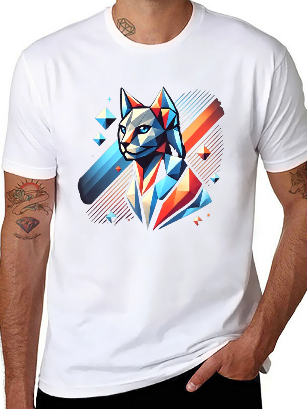 Geometric Cat Graphic Tee - Modern Mens T-Shirt