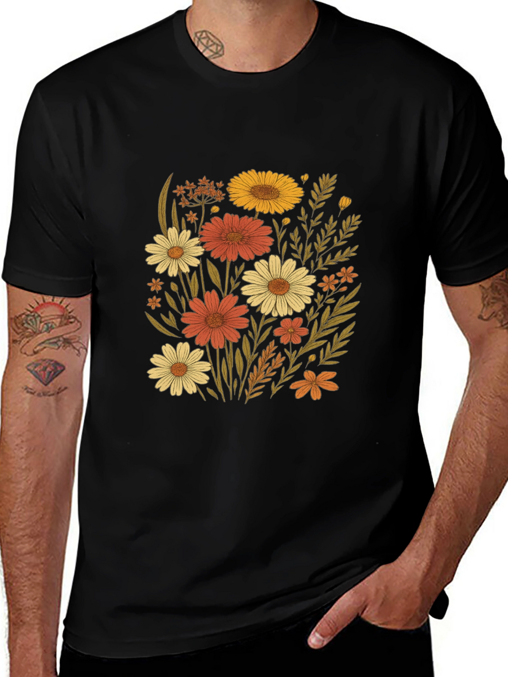 Floral Graphic Print Black T-Shirt