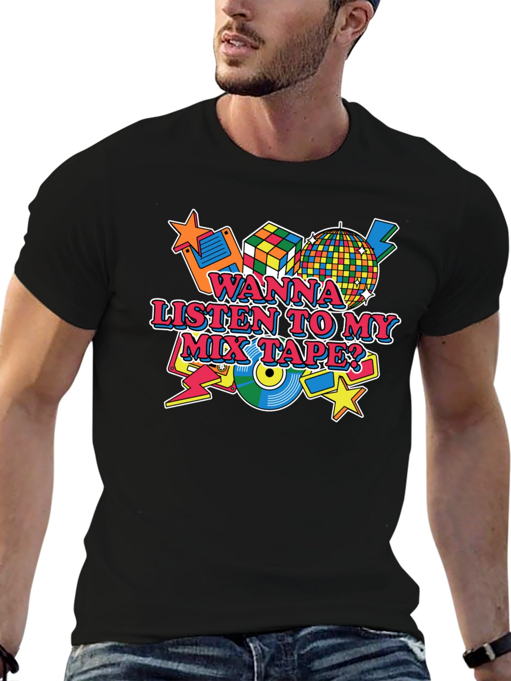 Retro 80s Mix Tape Graphic Tee - Black