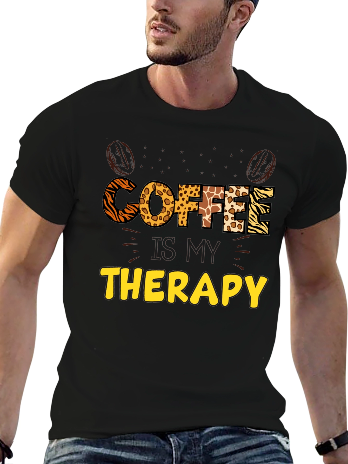 Coffee Therapy Graphic Tee - Animal Print Letters