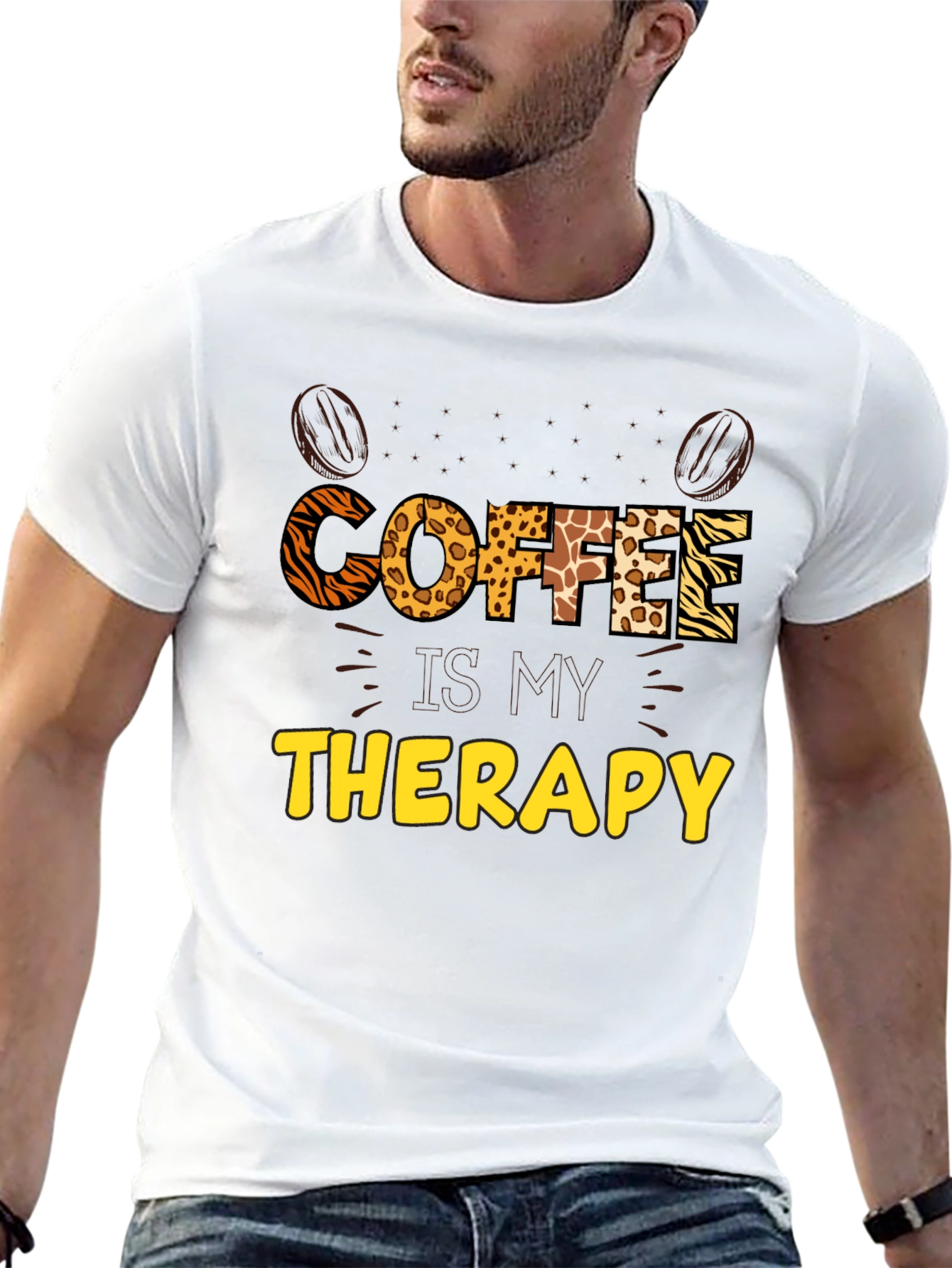 Coffee Therapy Graphic Tee - Animal Print Letters