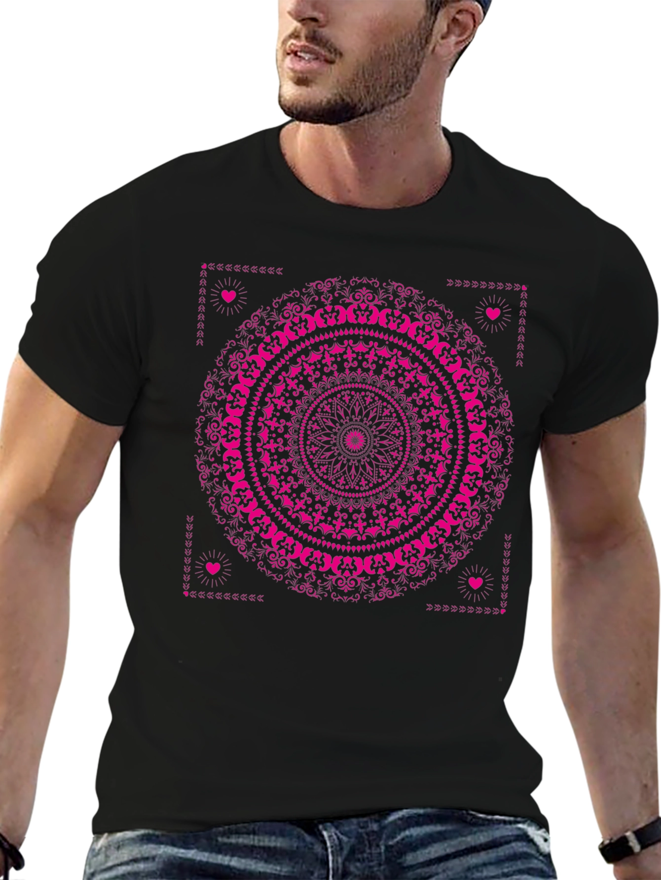 Black T-Shirt with Pink Mandala Design