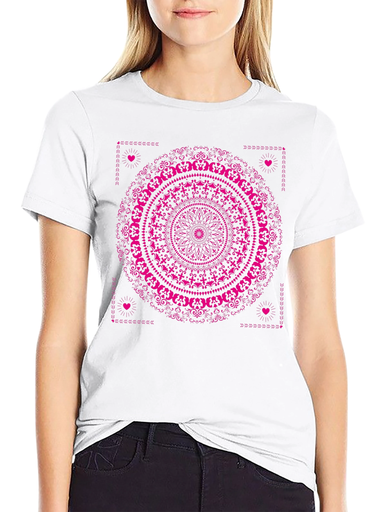 Black T-Shirt with Pink Mandala Design