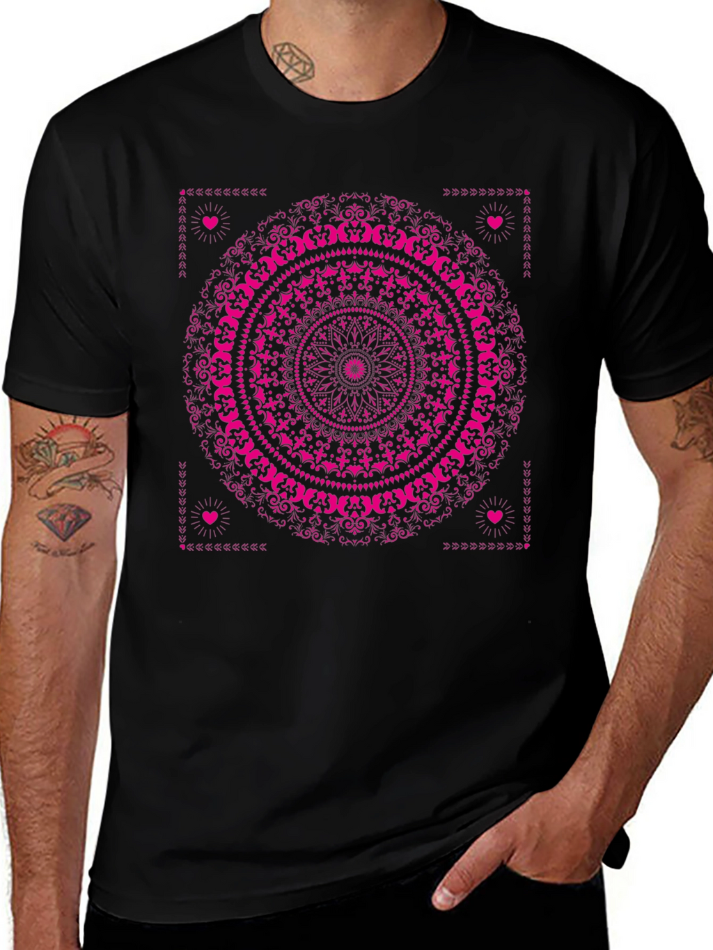 Black T-Shirt with Pink Mandala Design
