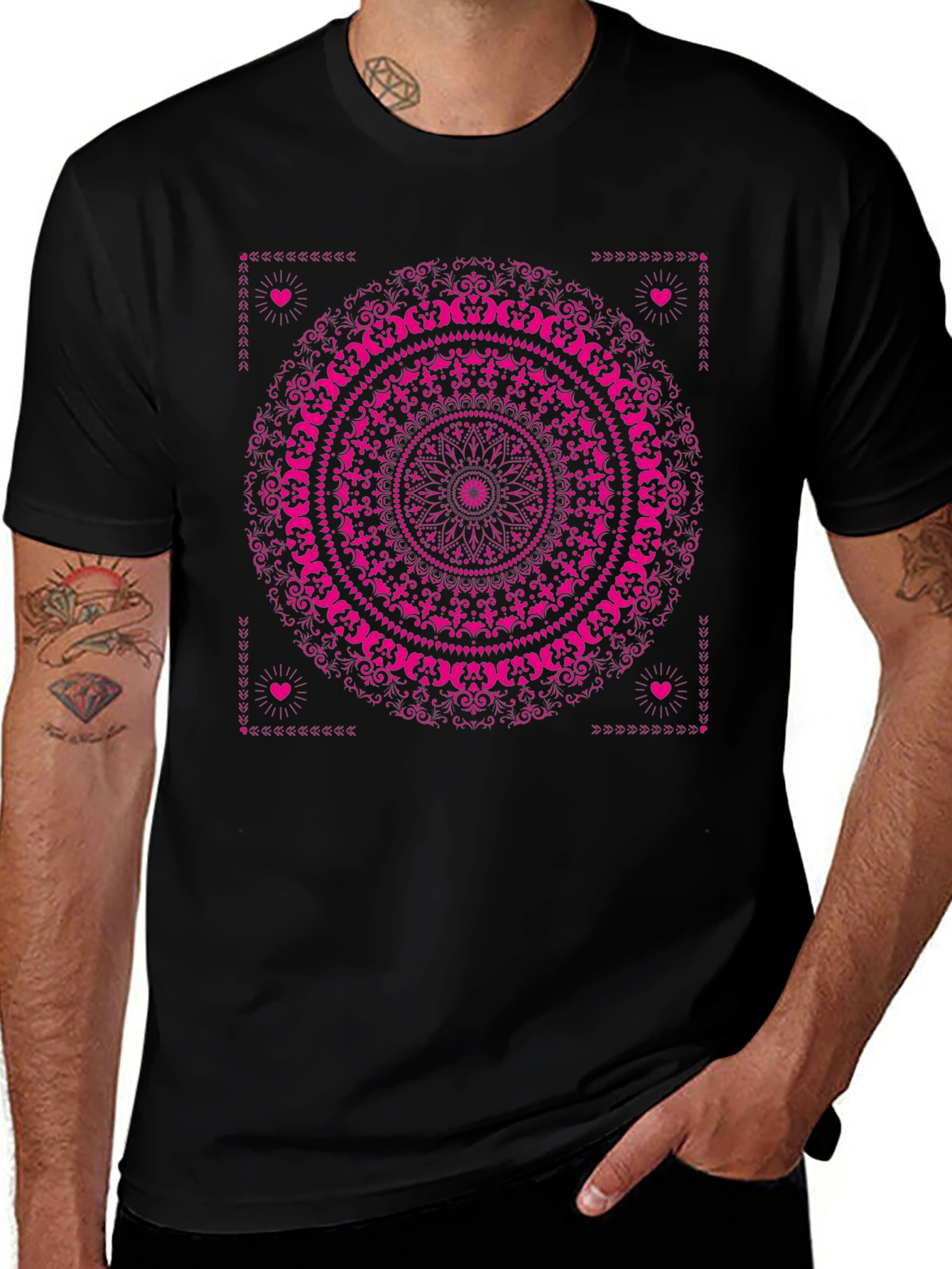 Black T-Shirt with Pink Mandala Design