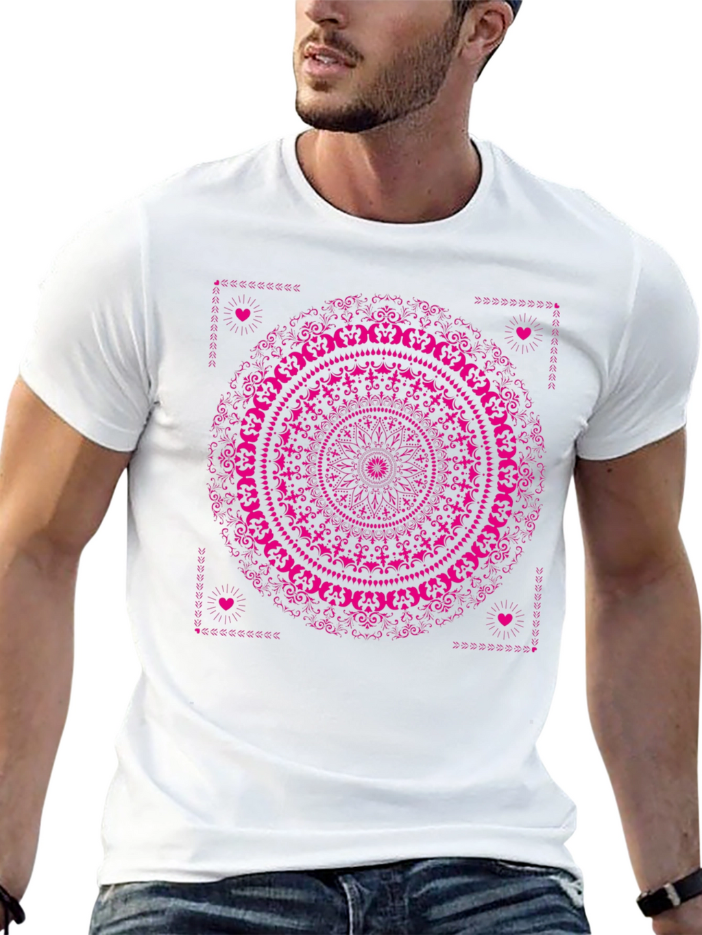 Black T-Shirt with Pink Mandala Design