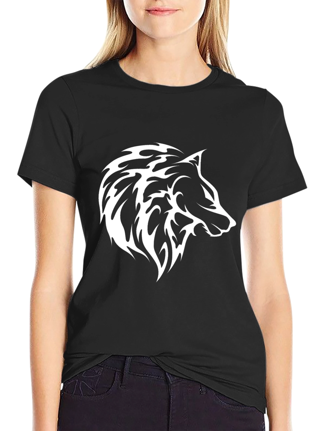 Black Wolf Graphic T-Shirt - Tribal Style