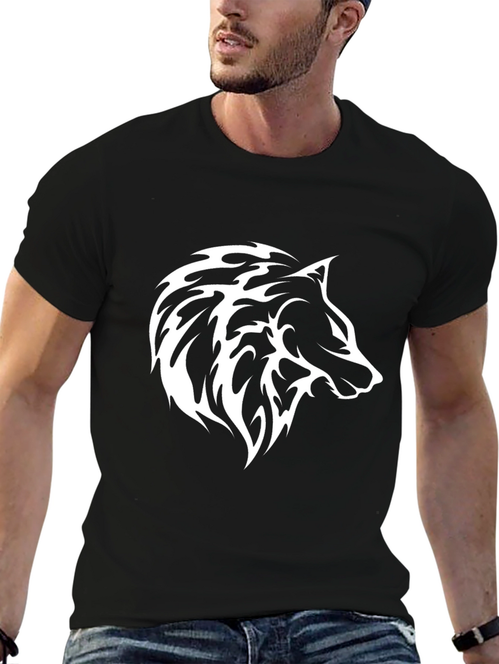 Black Wolf Graphic T-Shirt - Tribal Style