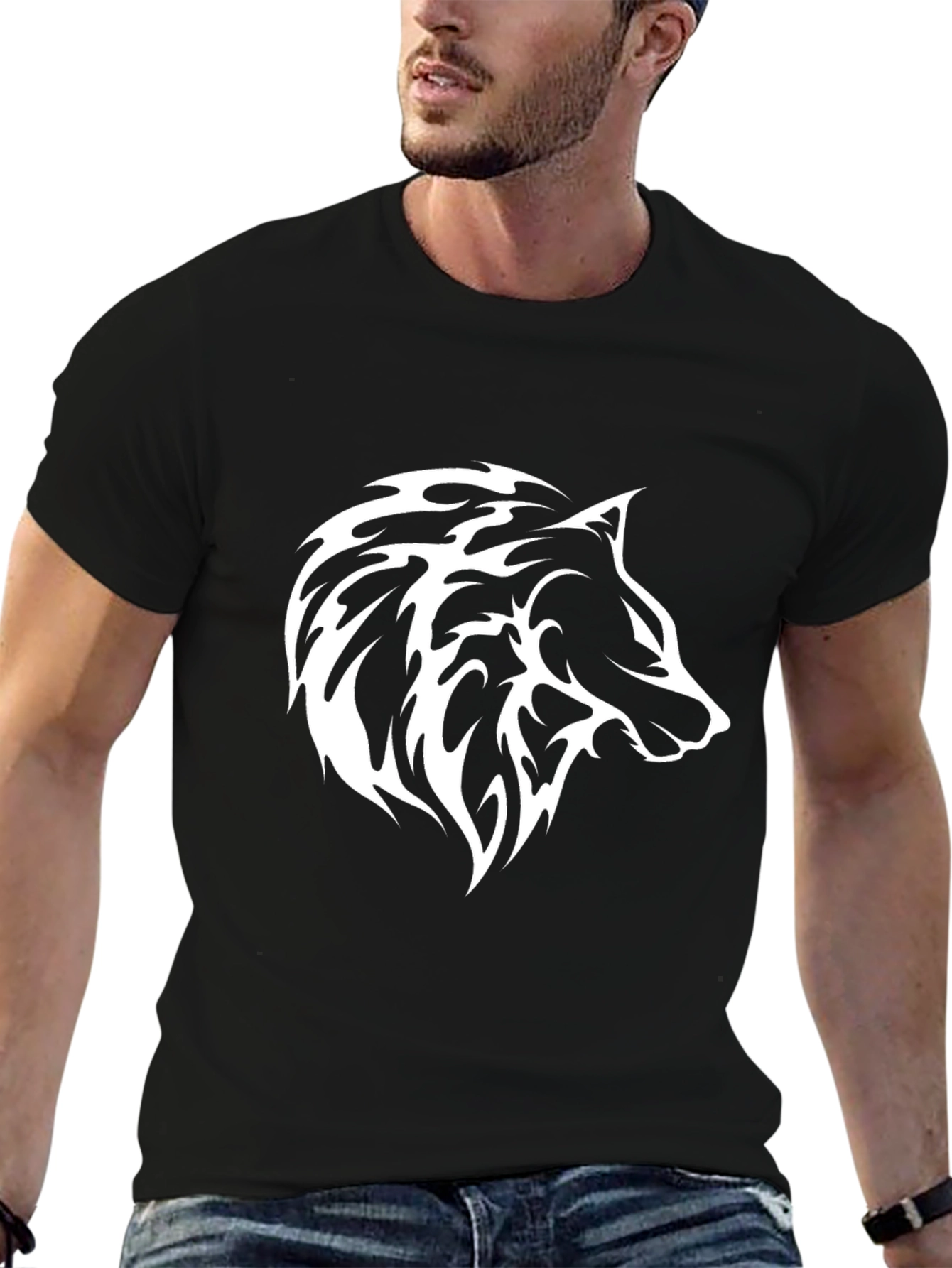 Black Wolf Graphic T-Shirt - Tribal Style