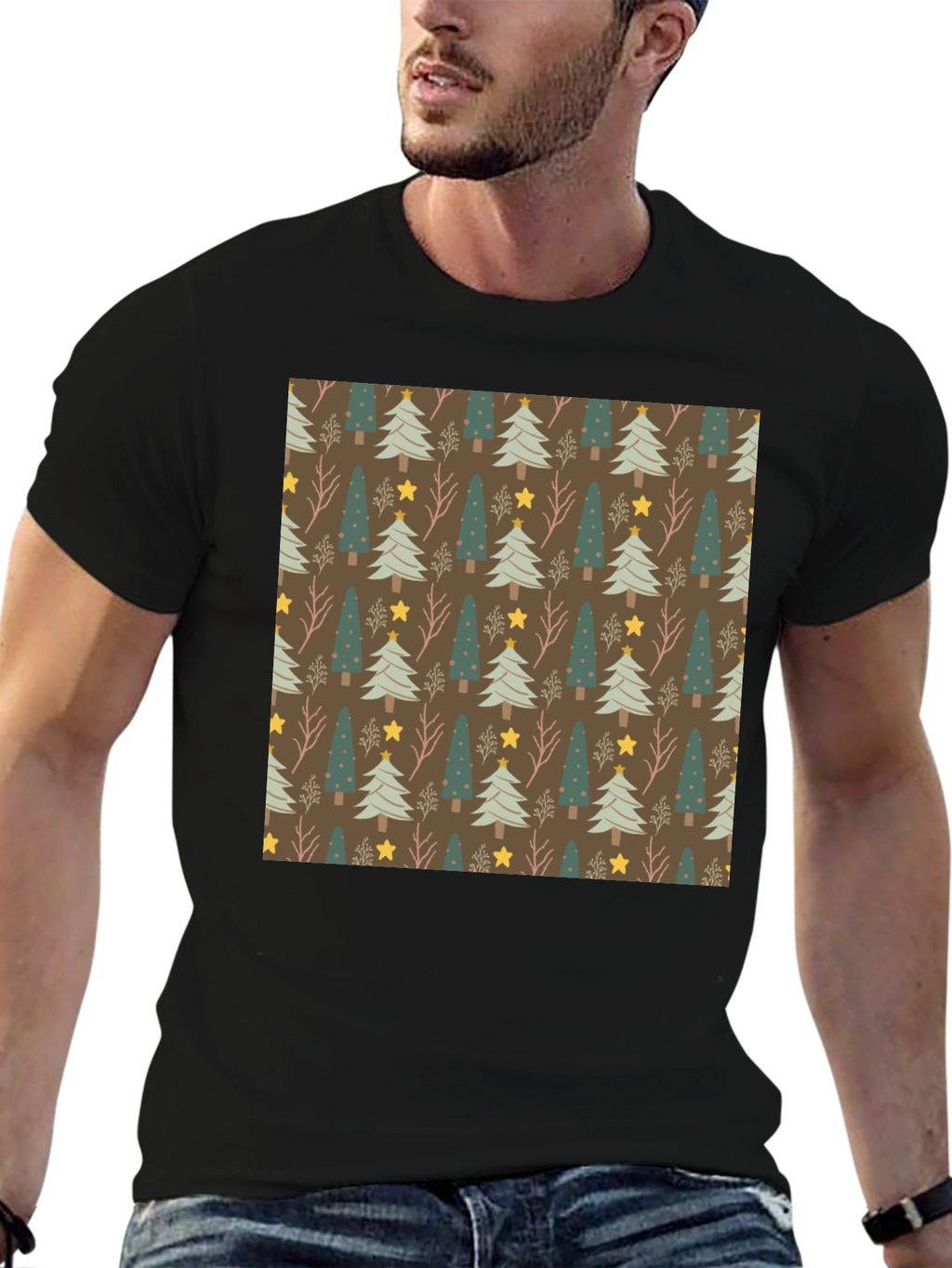 Festive Christmas Tree Pattern Black Tee