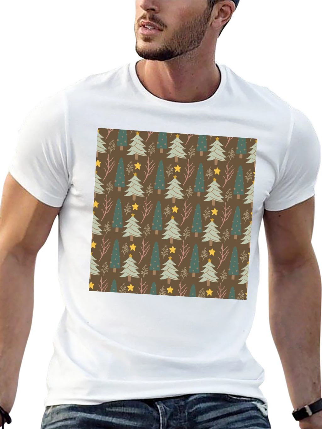 Festive Christmas Tree Pattern Black Tee