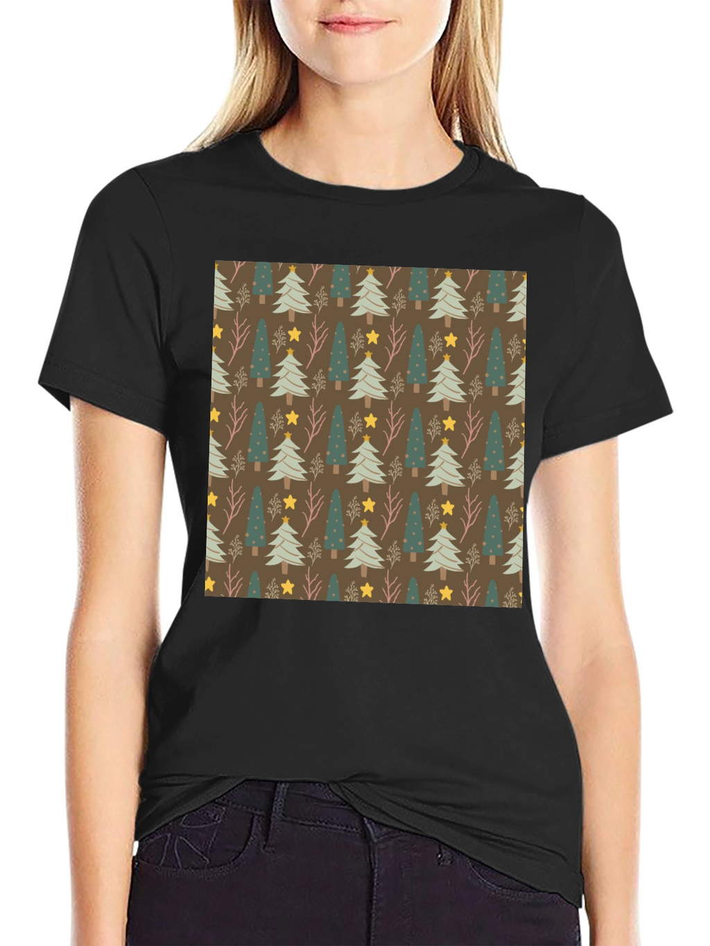 Festive Christmas Tree Pattern Black Tee
