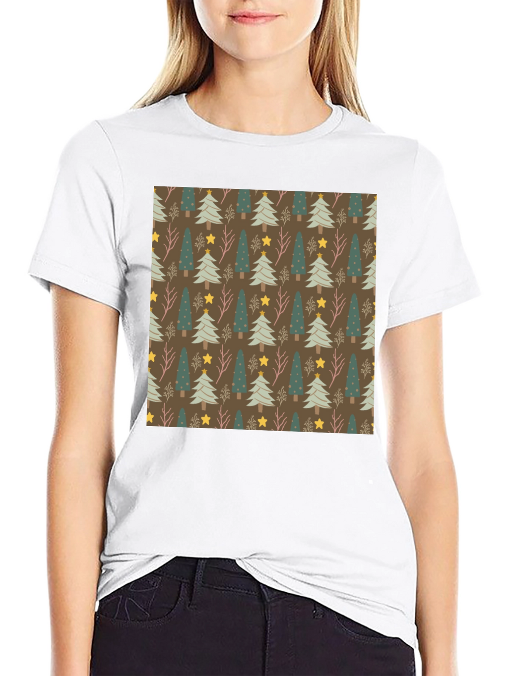 Festive Christmas Tree Pattern Black Tee