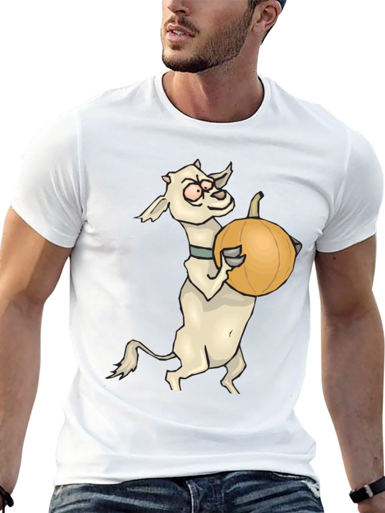 Goat Holding Pumpkin Funny Black T-Shirt