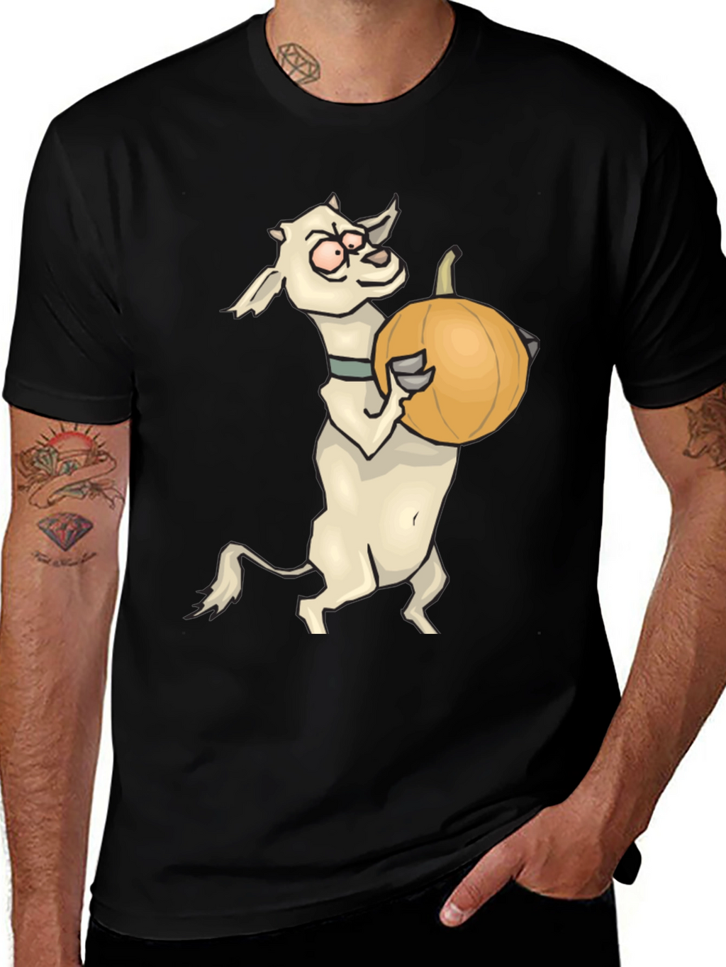 Goat Holding Pumpkin Funny Black T-Shirt