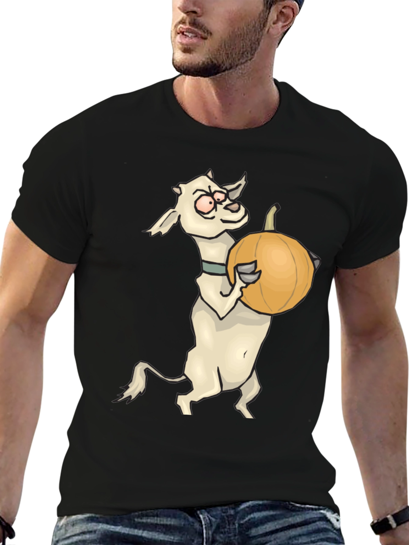 Goat Holding Pumpkin Funny Black T-Shirt