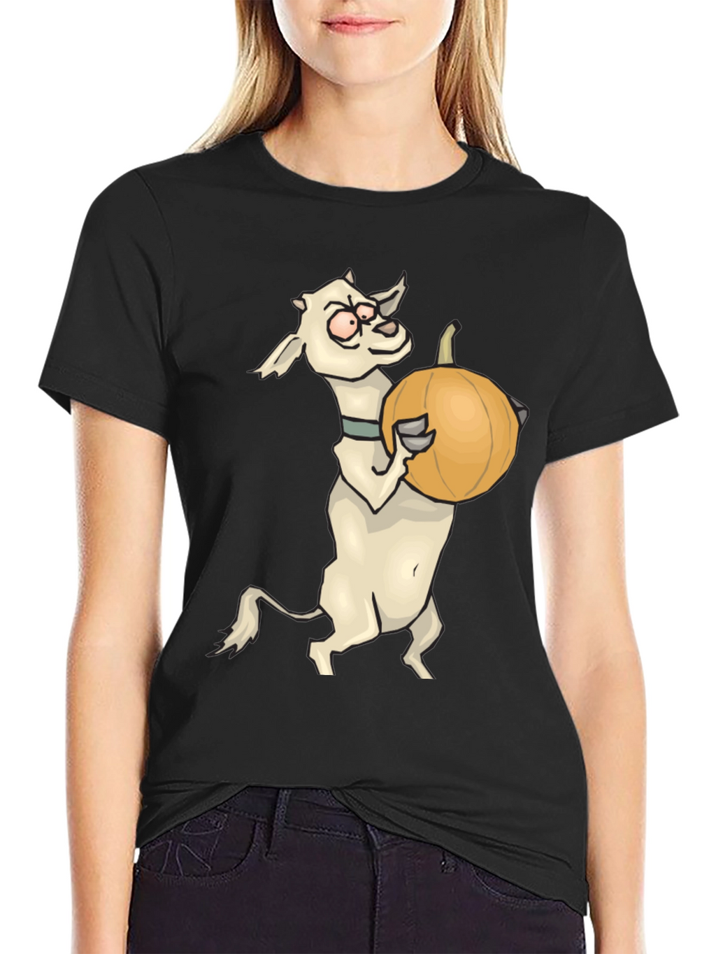 Goat Holding Pumpkin Funny Black T-Shirt