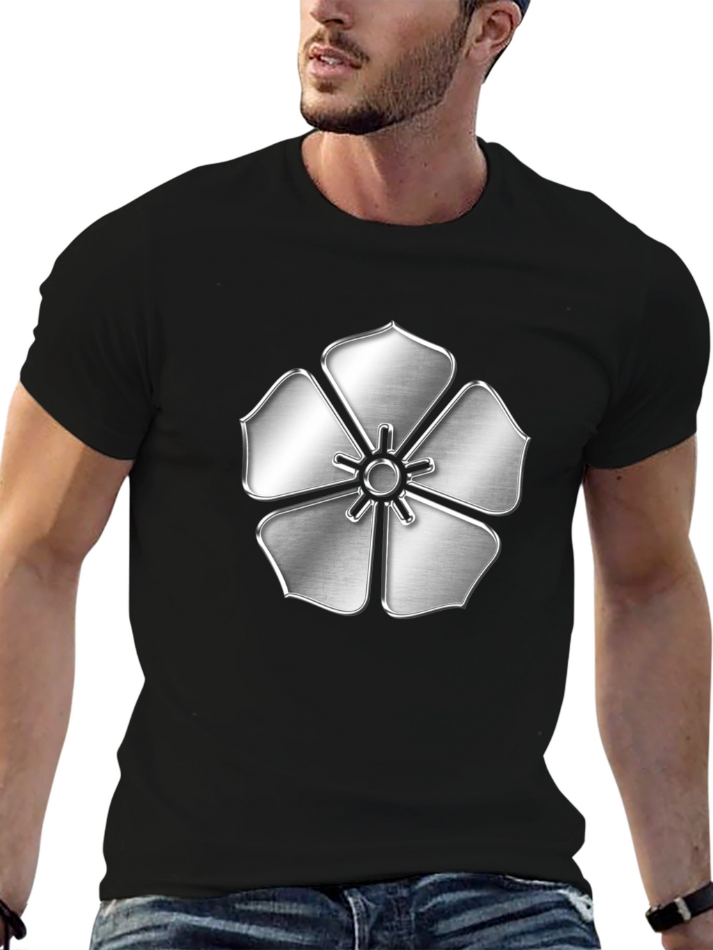 Silver Flower Emblem Black T-Shirt