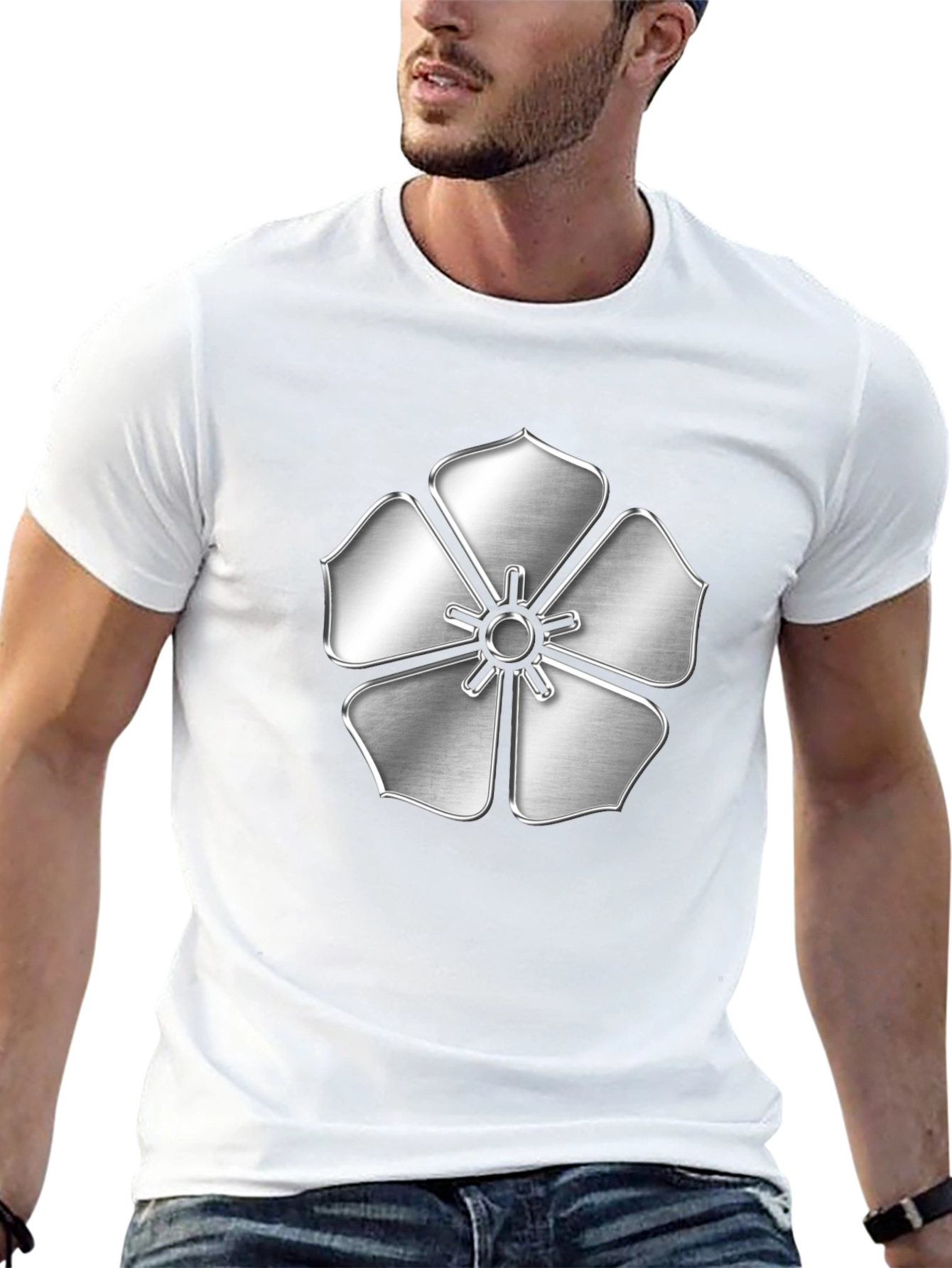 Silver Flower Emblem Black T-Shirt