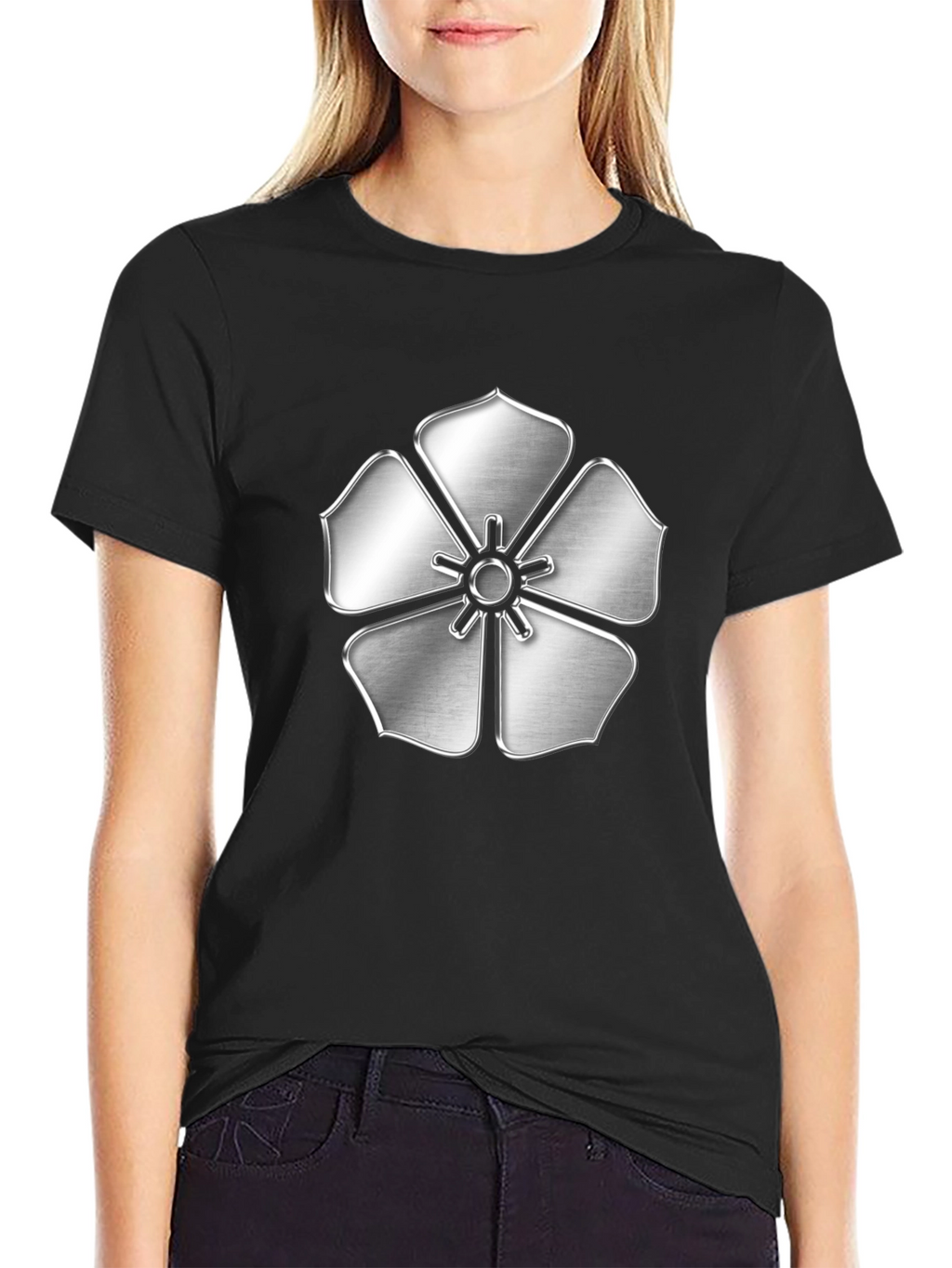 Silver Flower Emblem Black T-Shirt