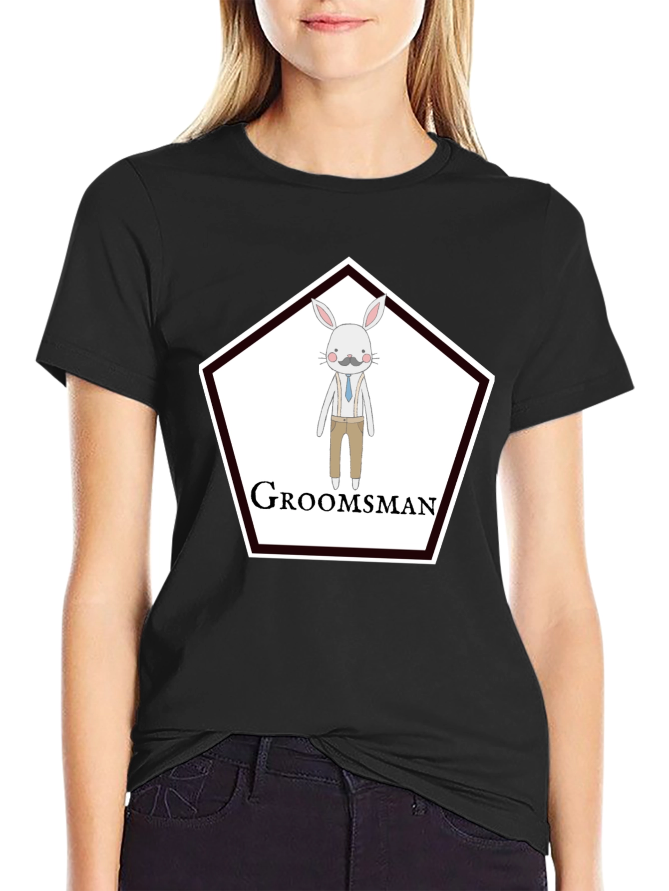 Groomsman Rabbit Graphic T-Shirt - Black Crew Neck