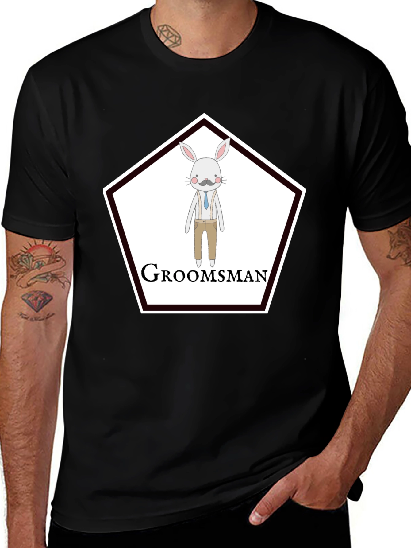 Groomsman Rabbit Graphic T-Shirt - Black Crew Neck