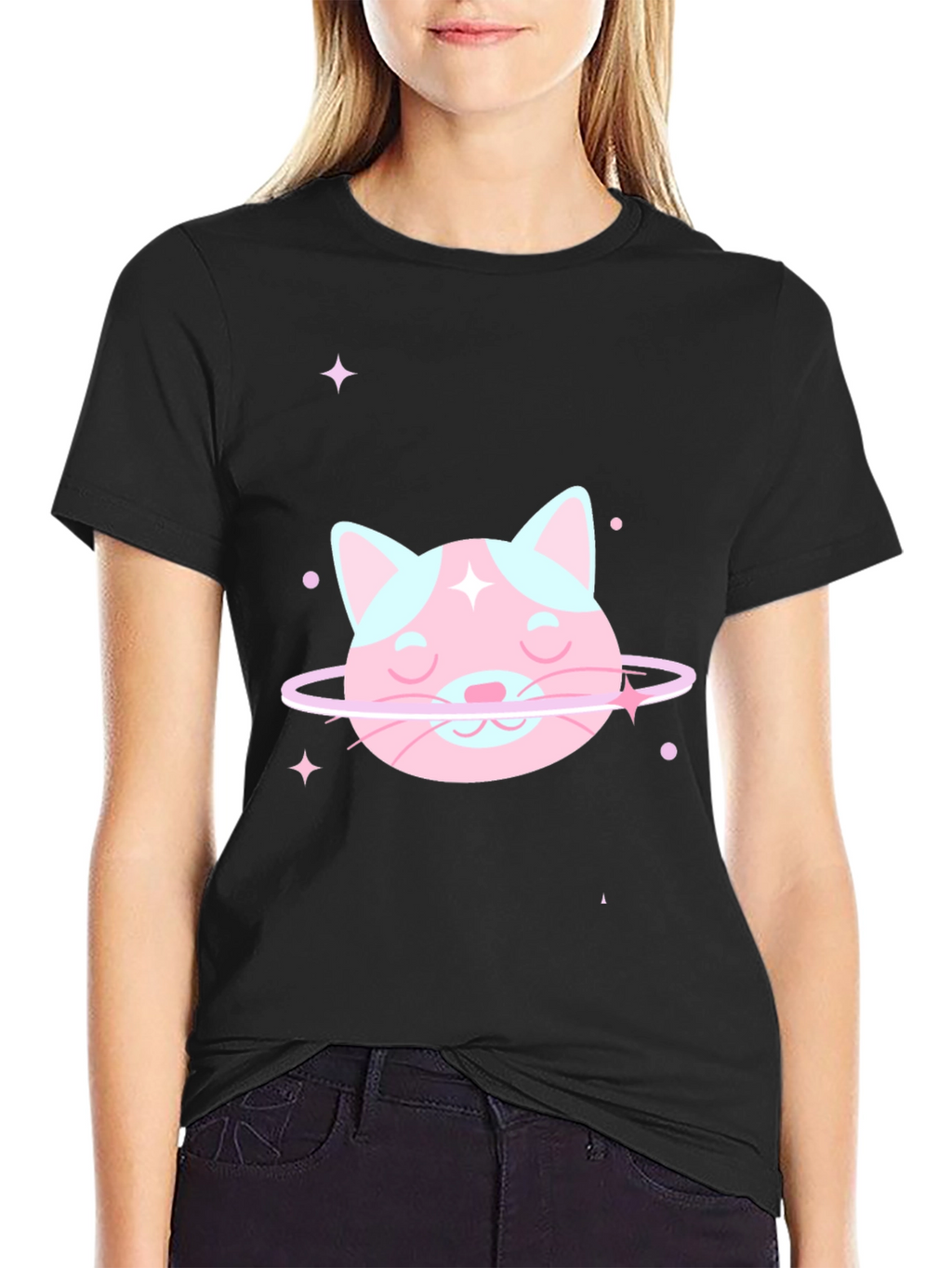 Cute Cat Planet Graphic Tee - Black Cotton T-Shirt
