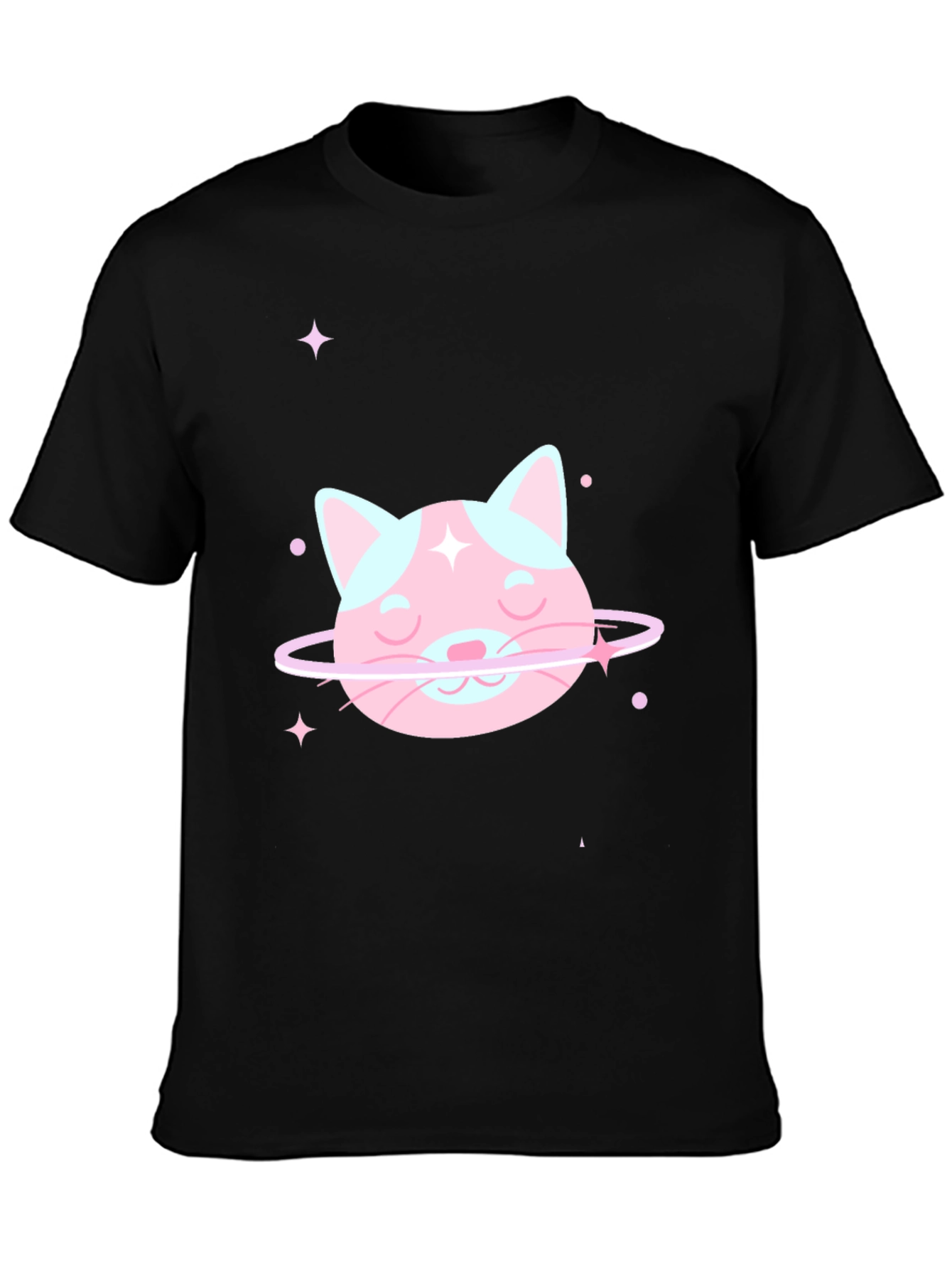 Cute Cat Planet Graphic Tee - Black Cotton T-Shirt