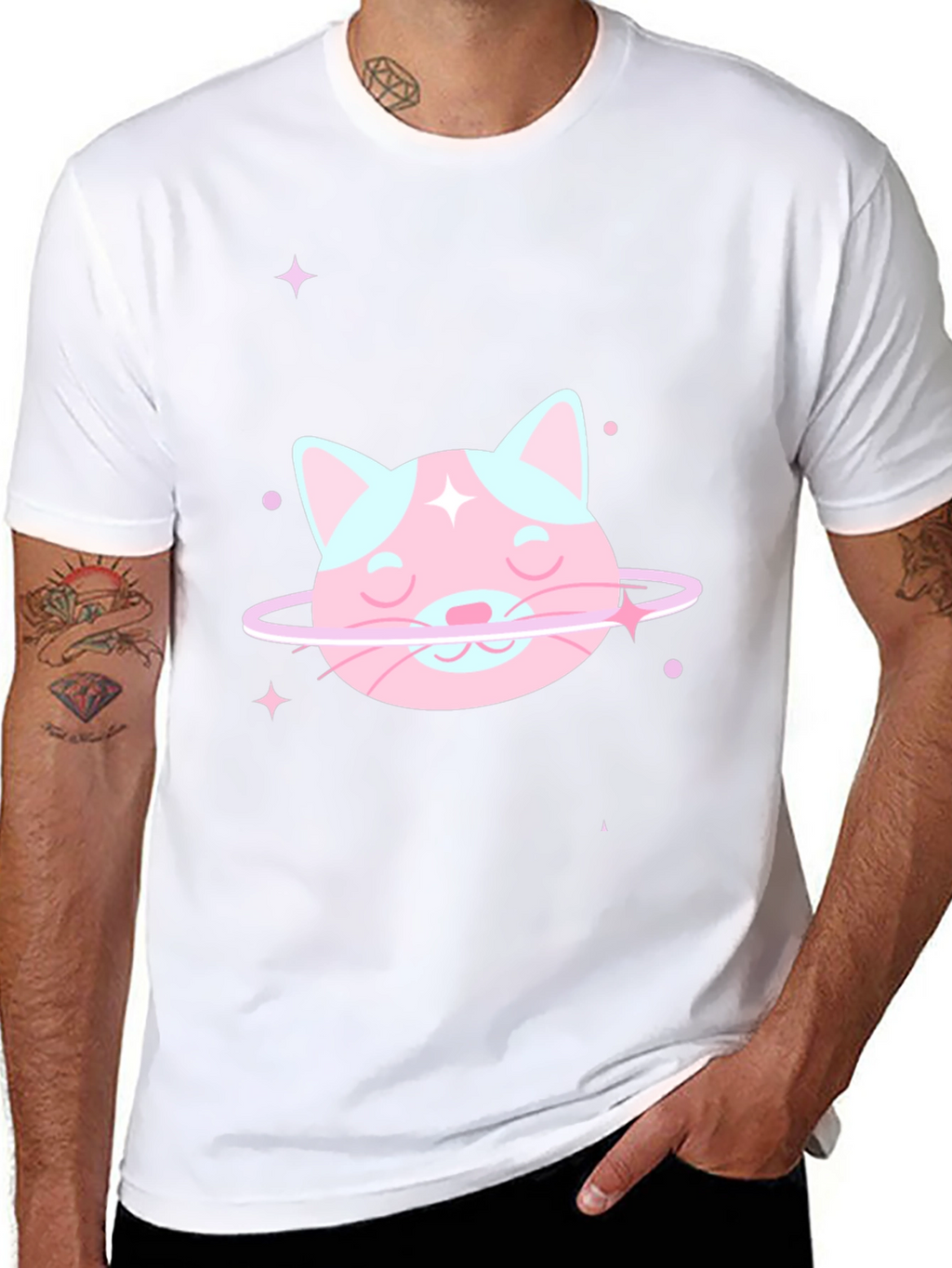 Cute Cat Planet Graphic Tee - Black Cotton T-Shirt