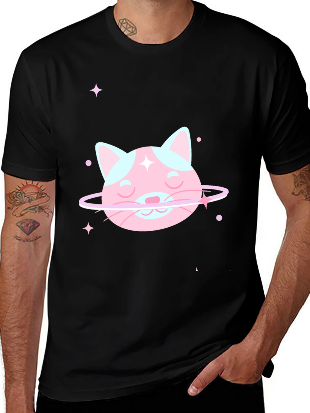 Cute Cat Planet Graphic Tee - Black Cotton T-Shirt