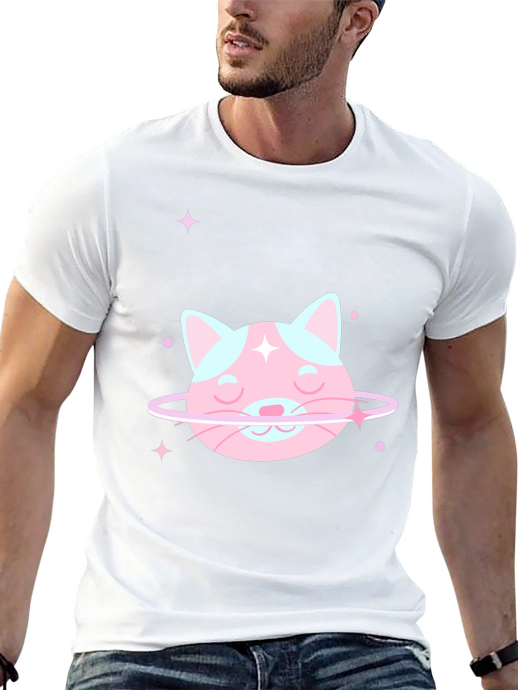 Cute Cat Planet Graphic Tee - Black Cotton T-Shirt