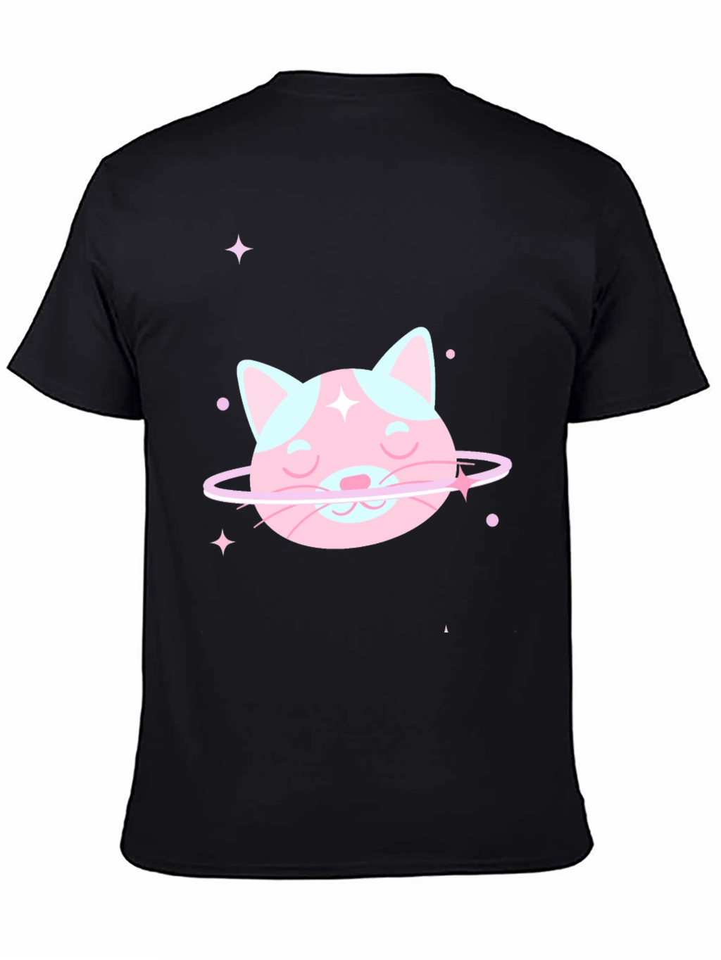 Cute Cat Planet Graphic Tee - Black Cotton T-Shirt