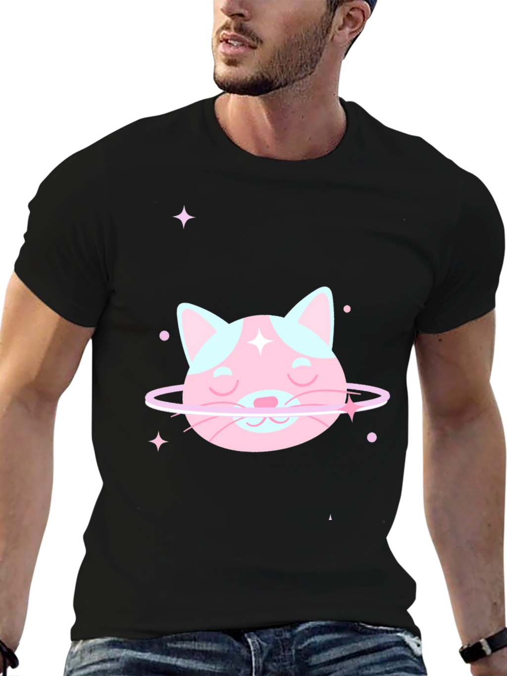 Cute Cat Planet Graphic Tee - Black Cotton T-Shirt