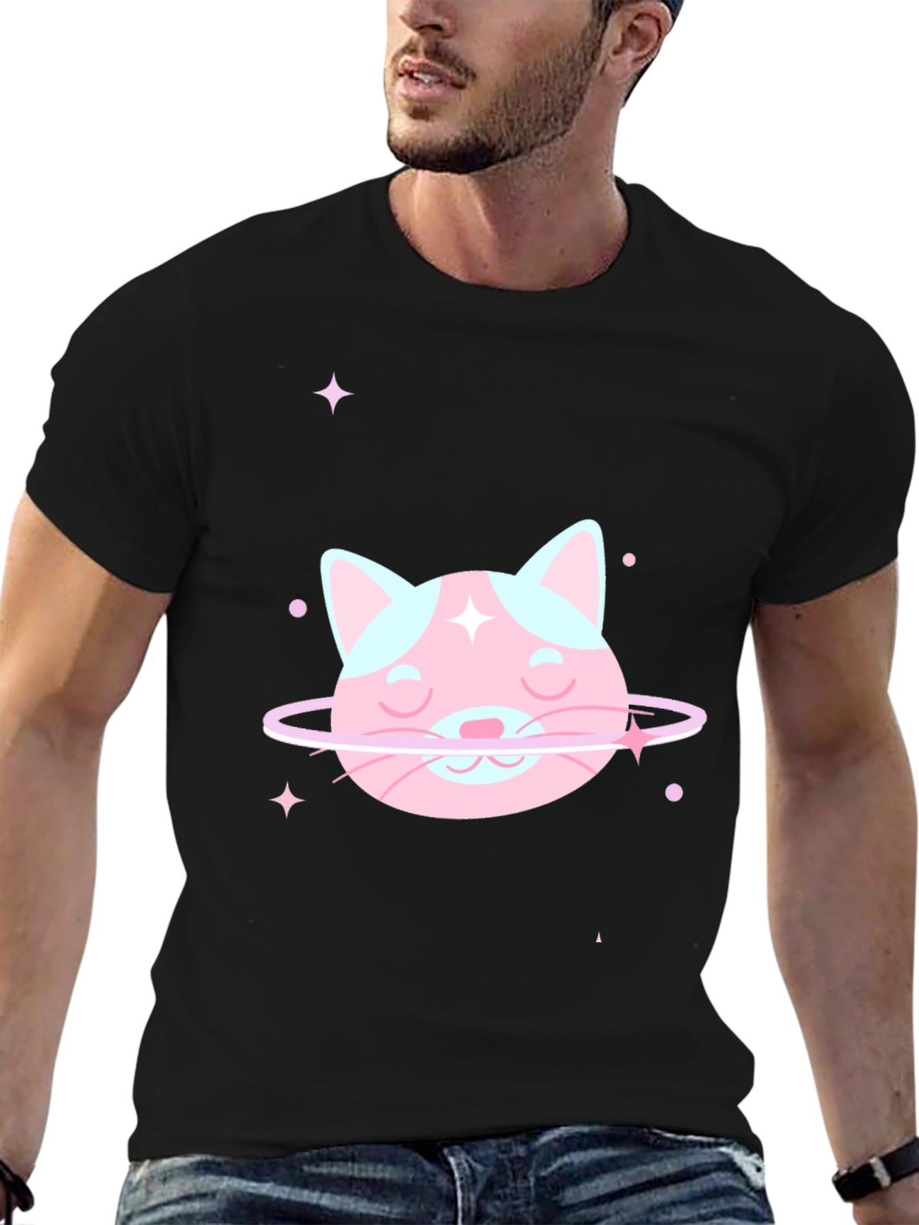 Cute Cat Planet Graphic Tee - Black Cotton T-Shirt
