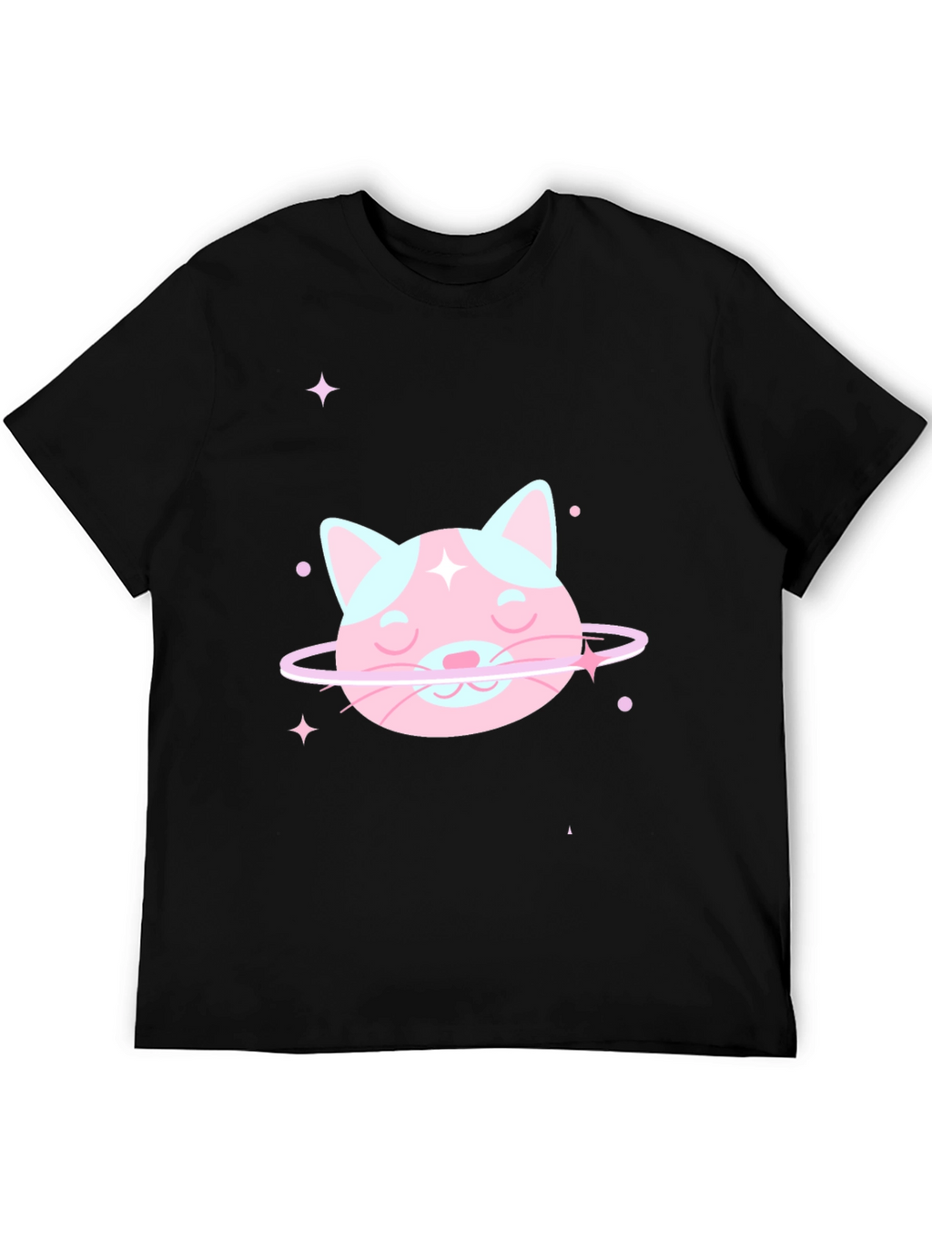Cute Cat Planet Graphic Tee - Black Cotton T-Shirt