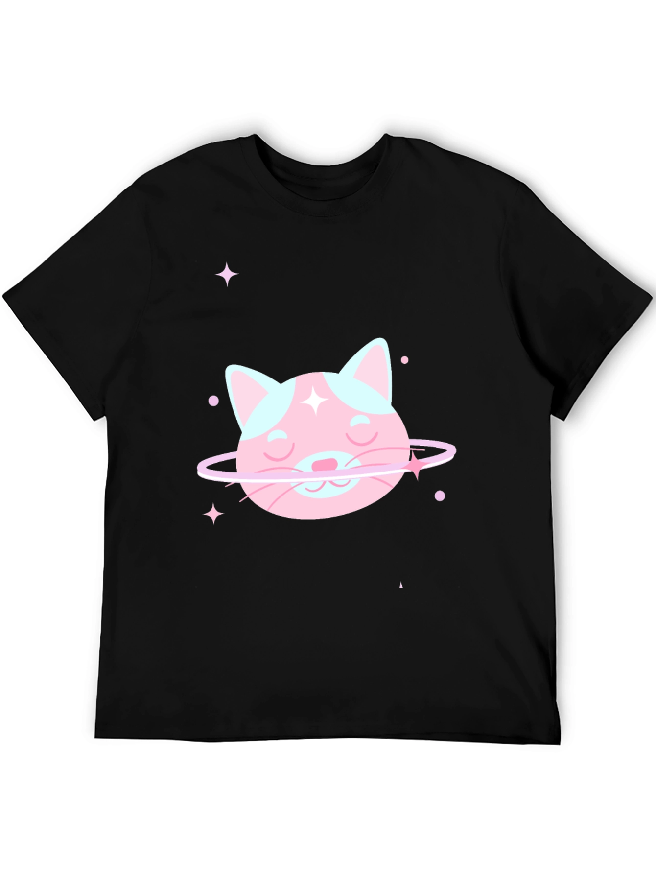 Cute Cat Planet Graphic Tee - Black Cotton T-Shirt