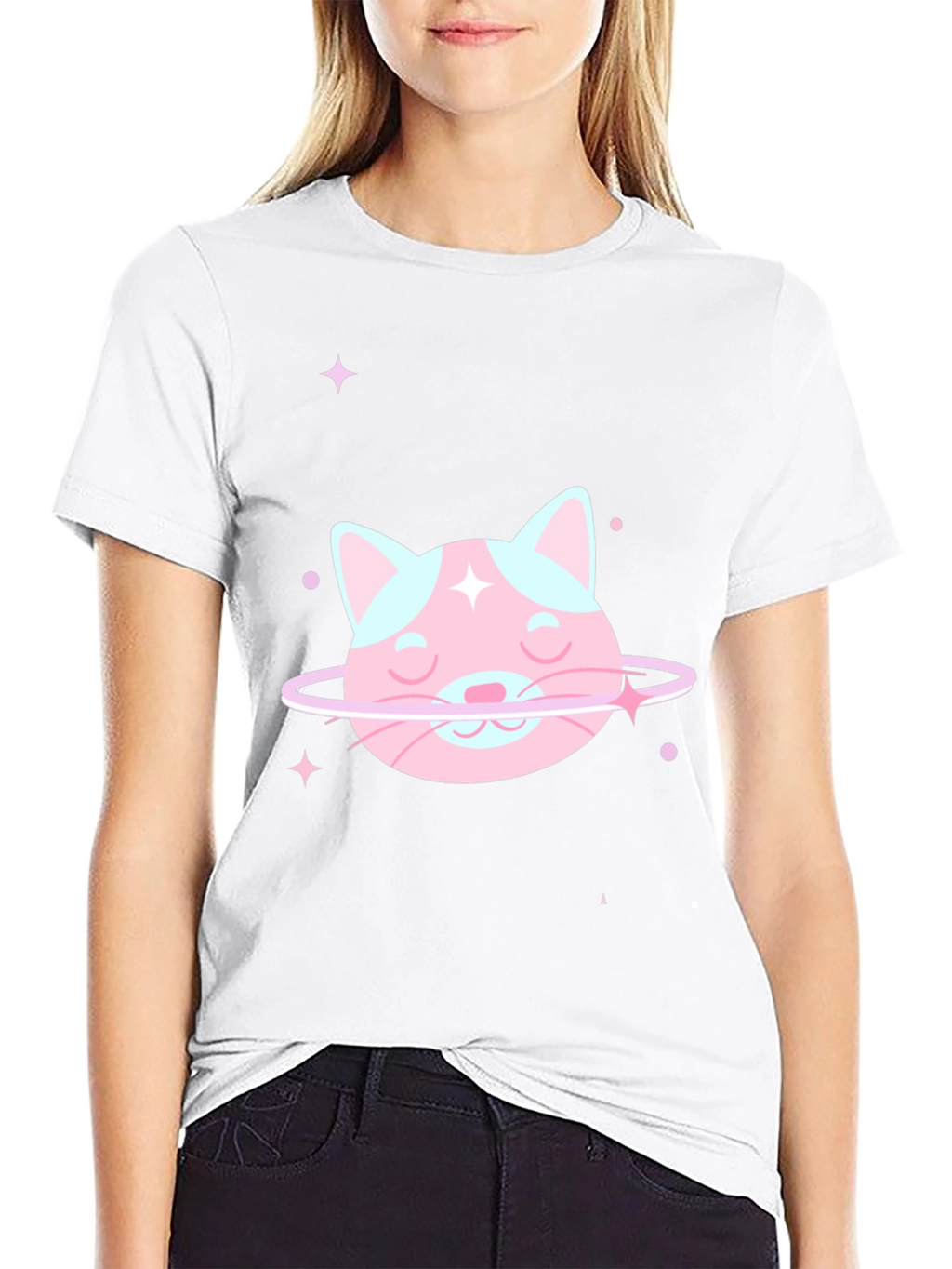 Cute Cat Planet Graphic Tee - Black Cotton T-Shirt