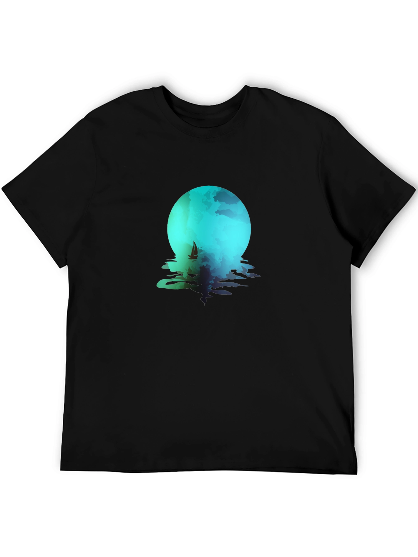Moonlit Sailboat Graphic Tee - Black Cotton Blend