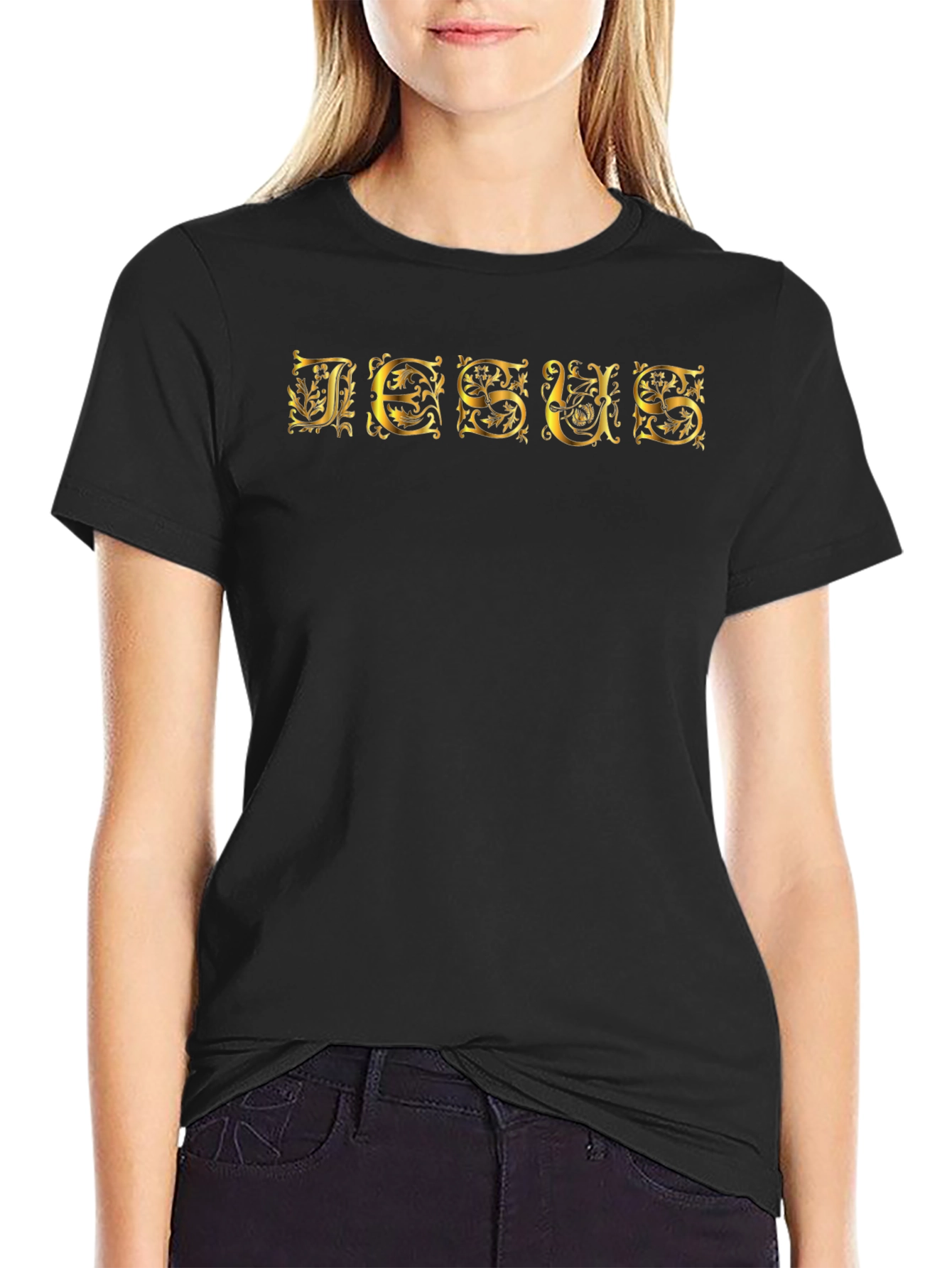 Jesus Ornate Gold Lettering Black T-Shirt