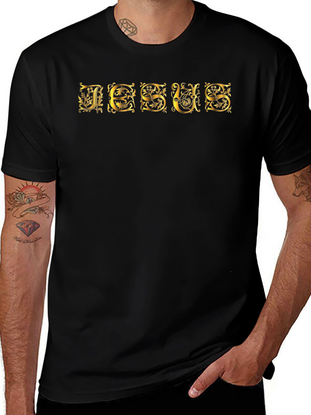 Jesus Ornate Gold Lettering Black T-Shirt