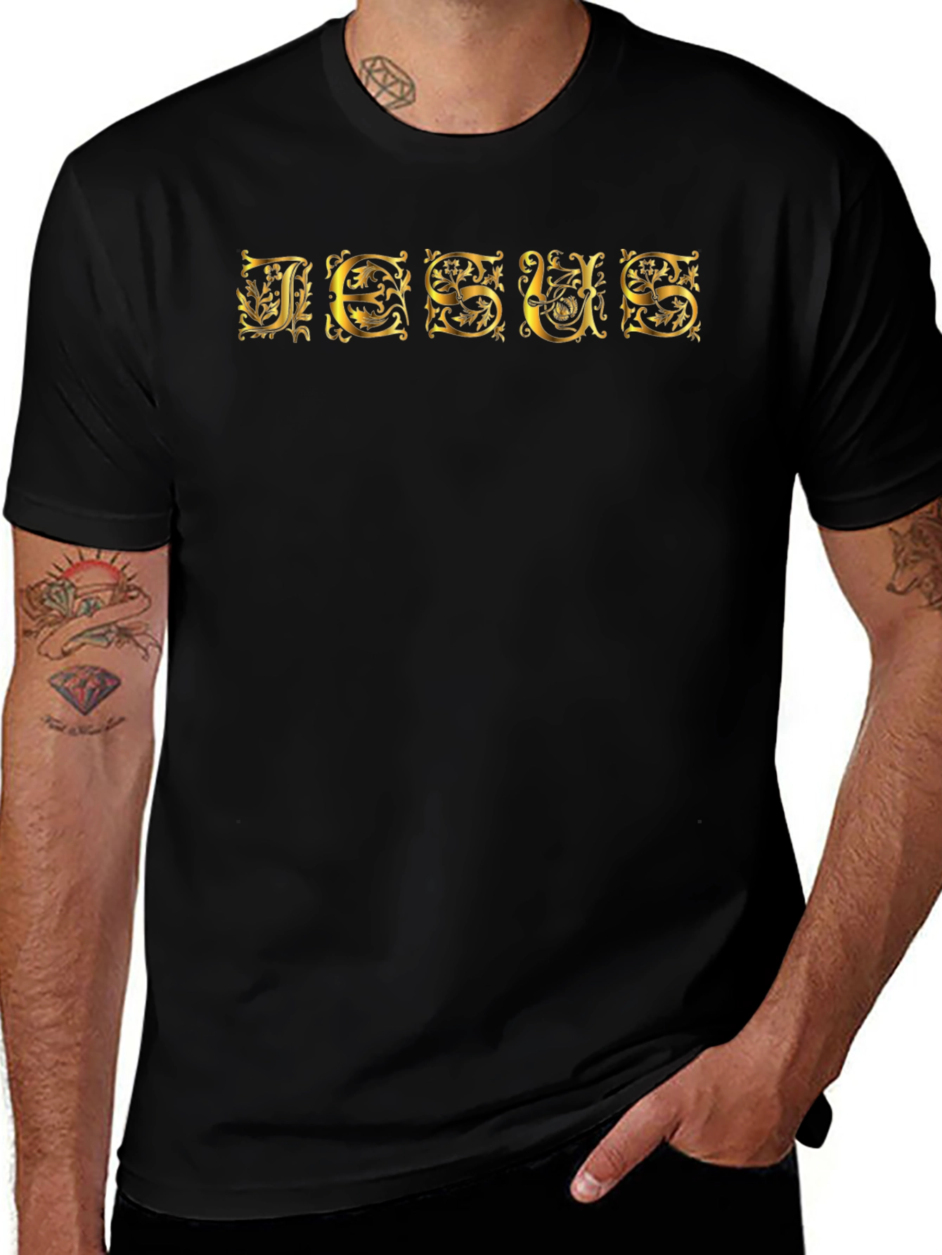 Jesus Ornate Gold Lettering Black T-Shirt