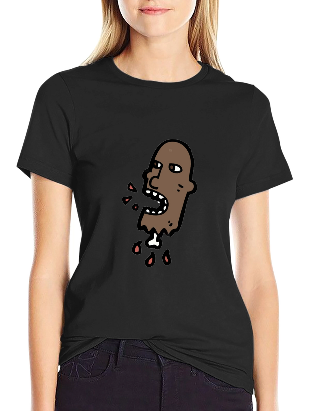 Cartoon Head Graphic Tee - Black Cotton T-Shirt