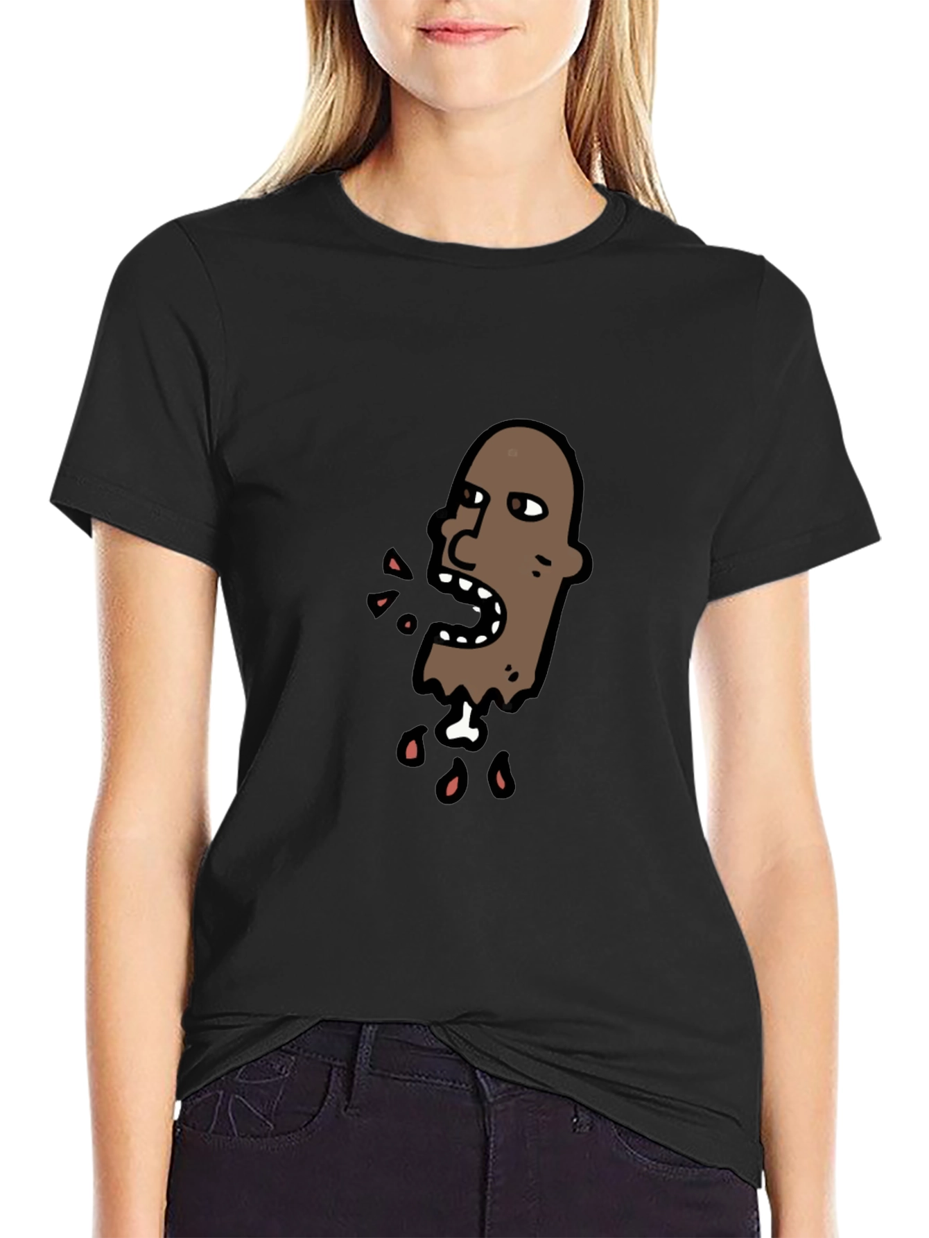 Cartoon Head Graphic Tee - Black Cotton T-Shirt
