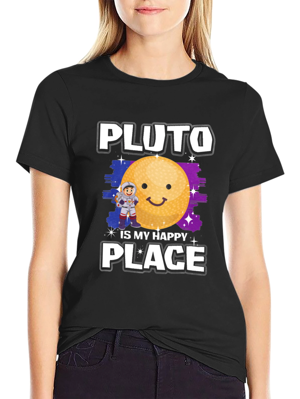 Pluto Is My Happy Place Black Graphic Tee