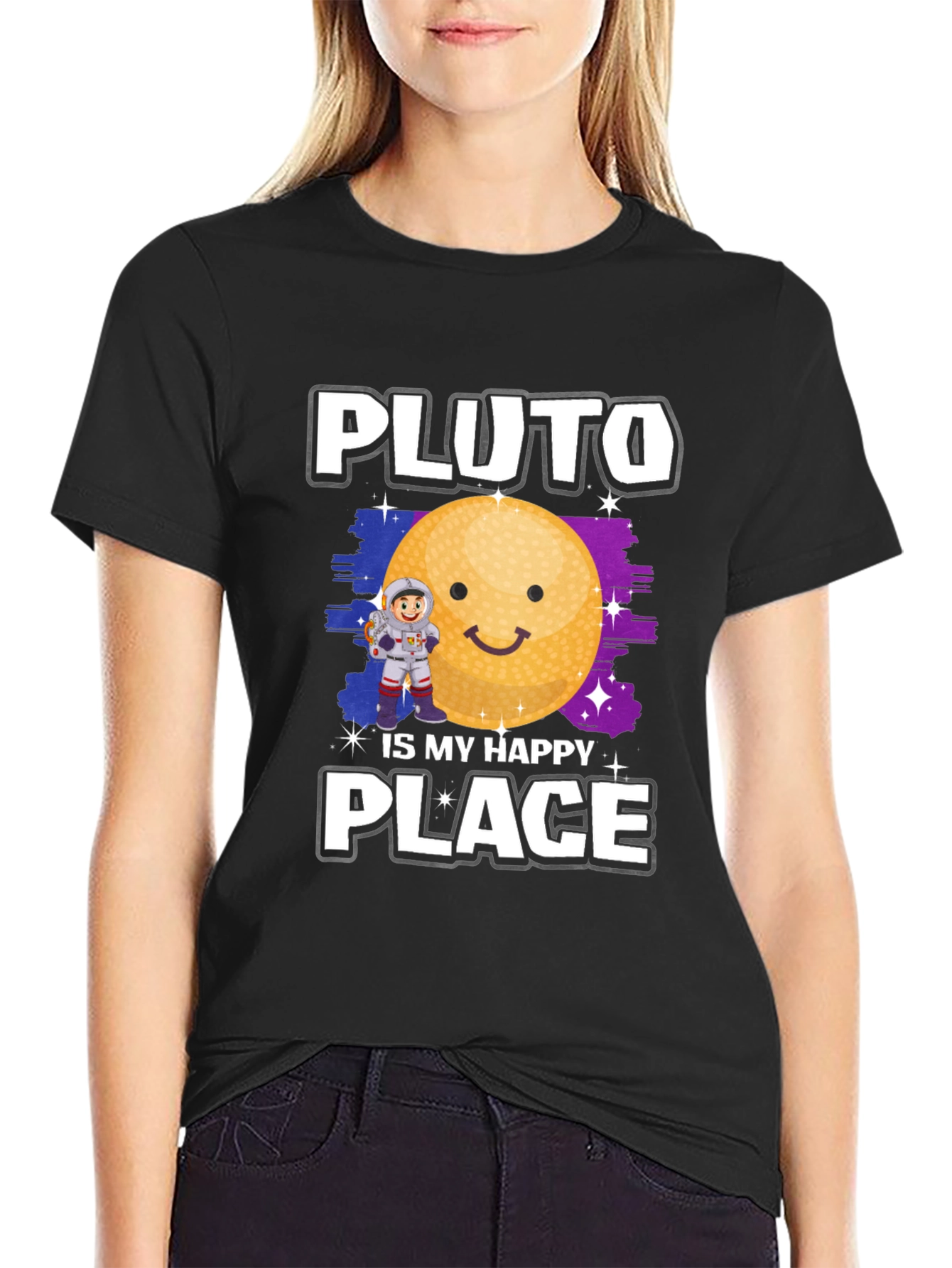 Pluto Is My Happy Place Black Graphic Tee