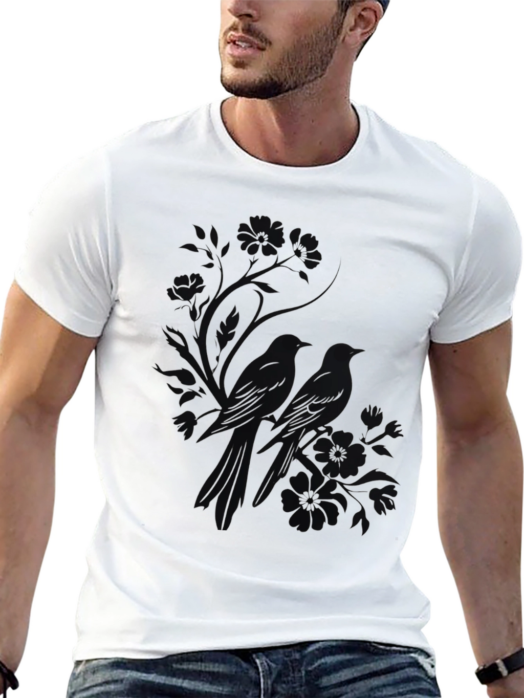 Mens Black Bird Print T-Shirt